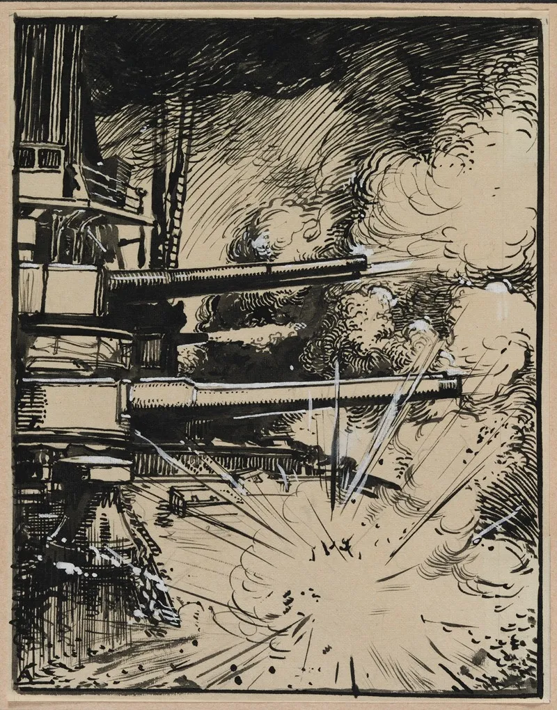 Bombe Explosant Sur Un Cuirasse Aux Canons Braques by Auguste Louis Lepère - Canvas Print