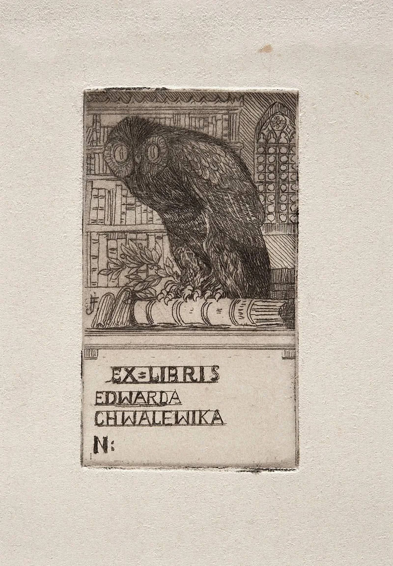Bookplate Of Edward Chwalewik With An Owl In A Library