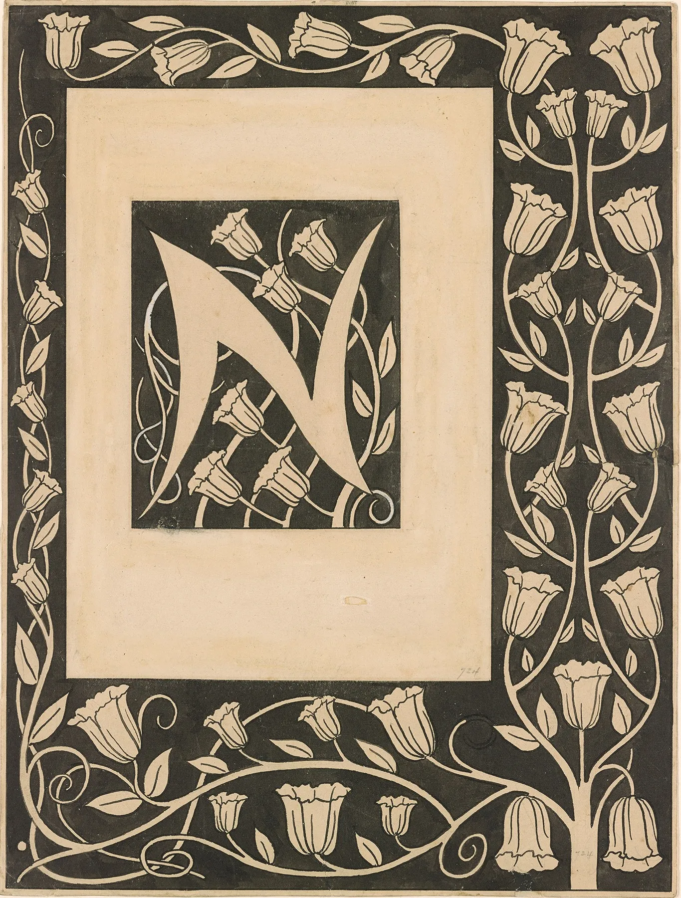Border Design With Initial N by Aubrey Vincent Beardsley - Canvas Print