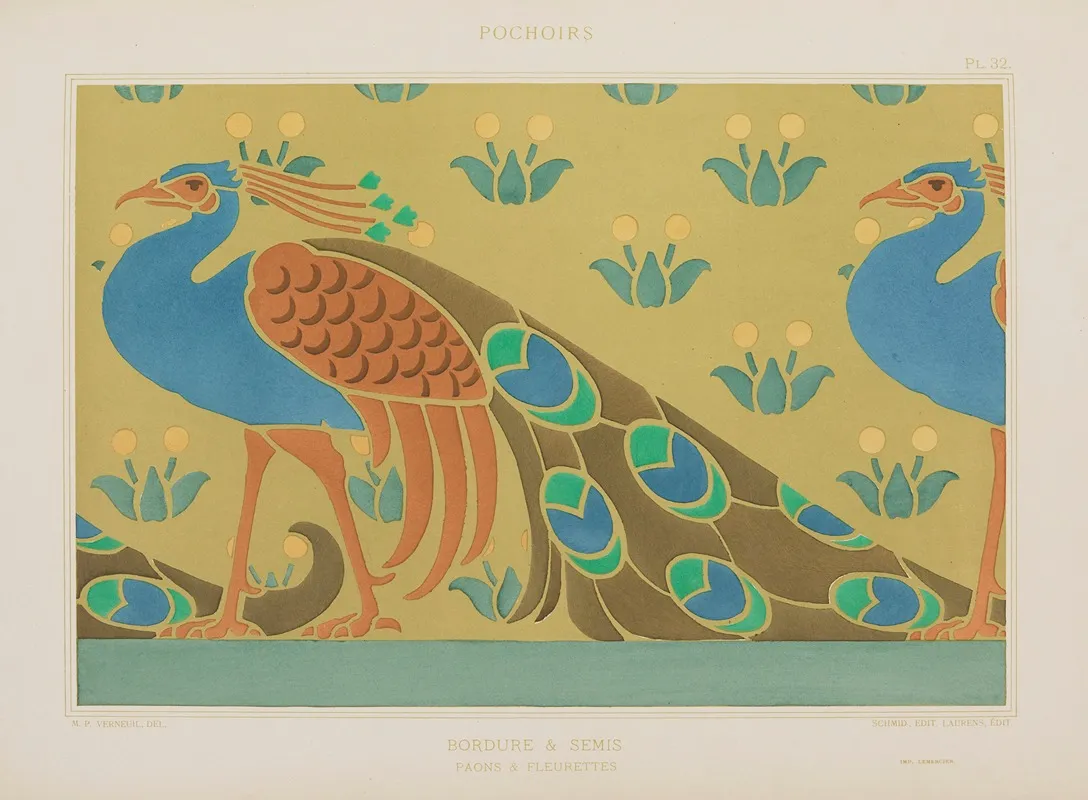 Bordure Semis Paons Fleurettes by Maurice Pillard Verneuil - Canvas Print