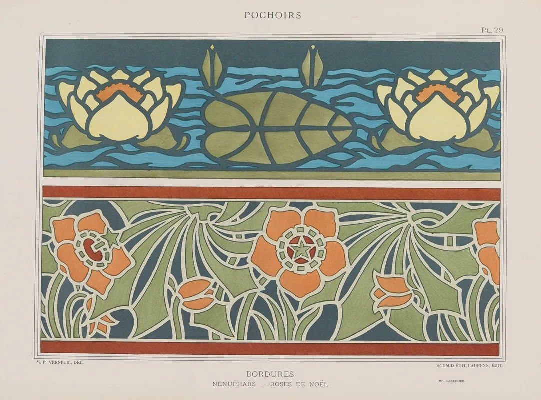 Bordures Nenuphars Roses De Noel by Maurice Pillard Verneuil - Canvas Print