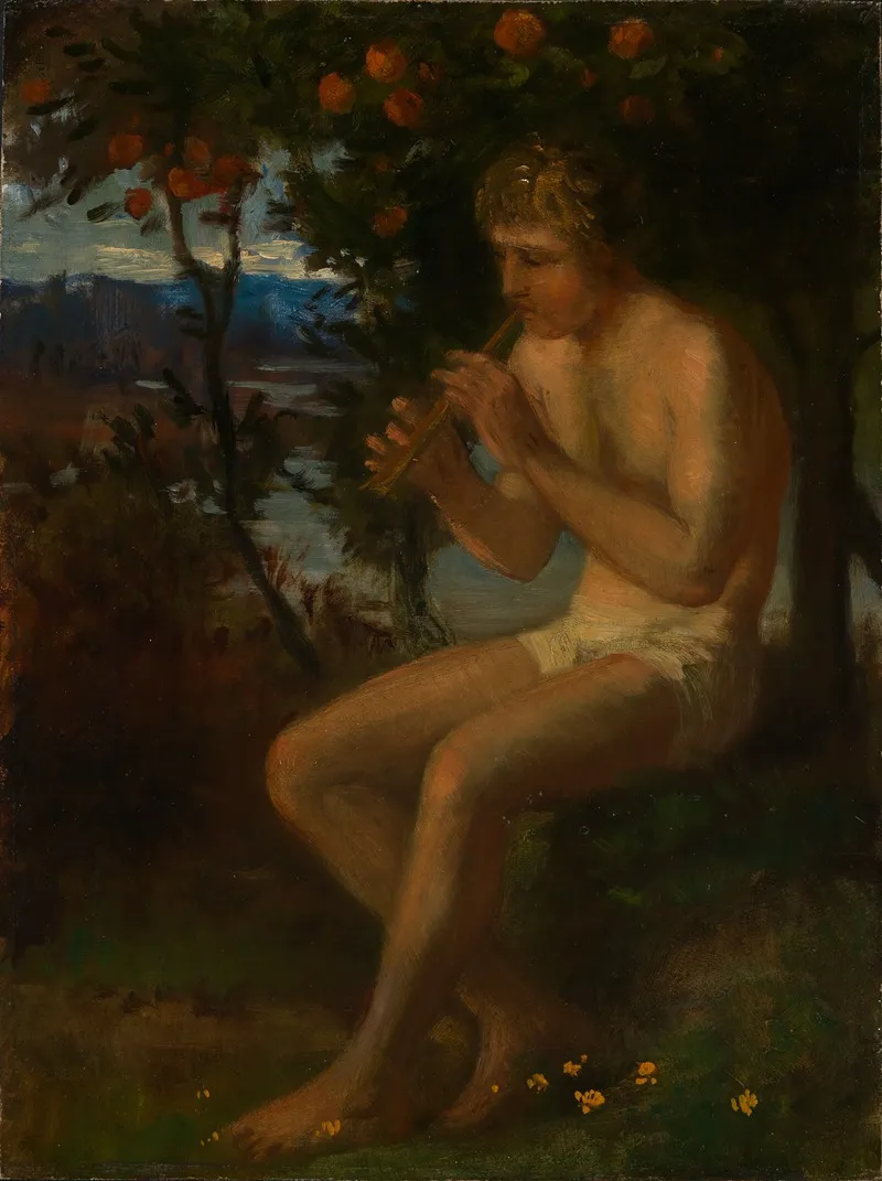 Boy Playing The Flute By The Lake by Albert Lang - Canvas Print