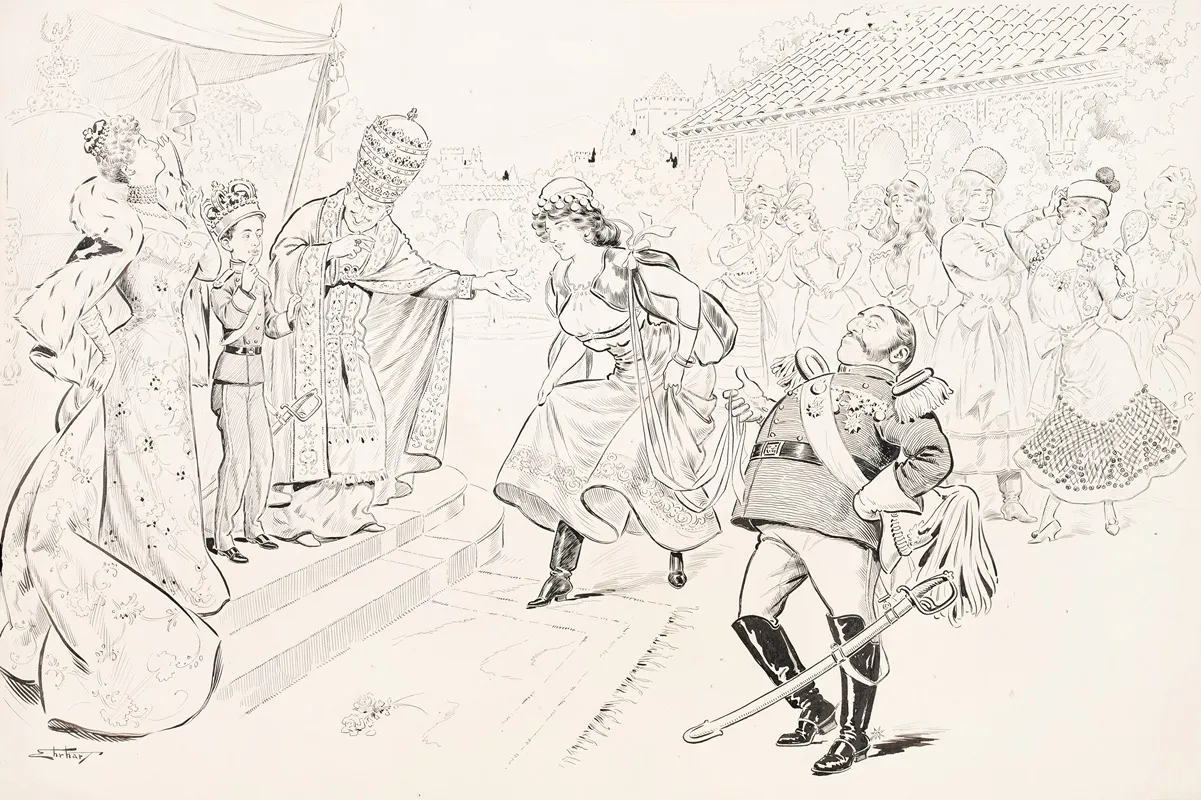 Boy Prince Reviews A Bevy Of Prospective Brides Being Led In By A Military Figure