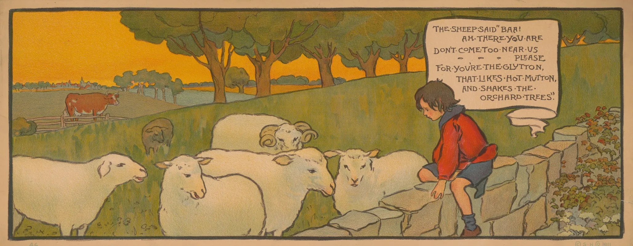 Boy Sitting On A Stone Wall Looking At Sheep