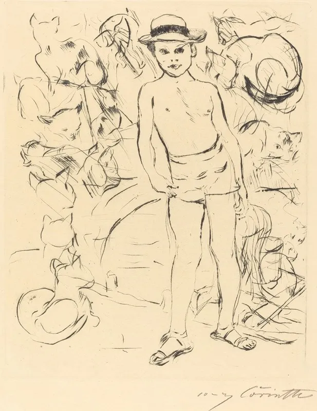 Boy Wearing Bathing Trunks And Straw Hat Knabe Mit Badehose Und Strohhut