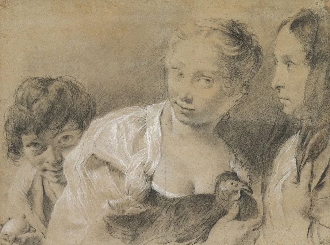 Boy With An Egg Girl With A Hen And A Watching Woman