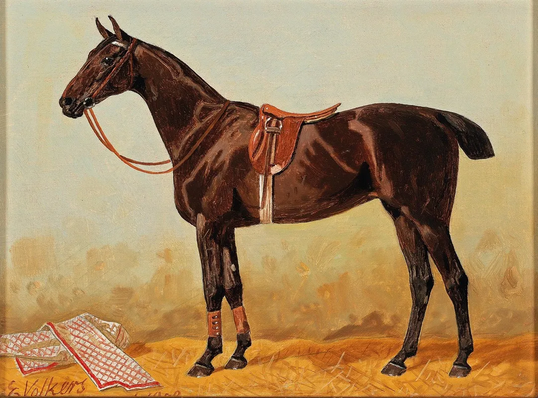 Brauner Im Stall Mit Satteldecke by Emil Volkers - Canvas Print