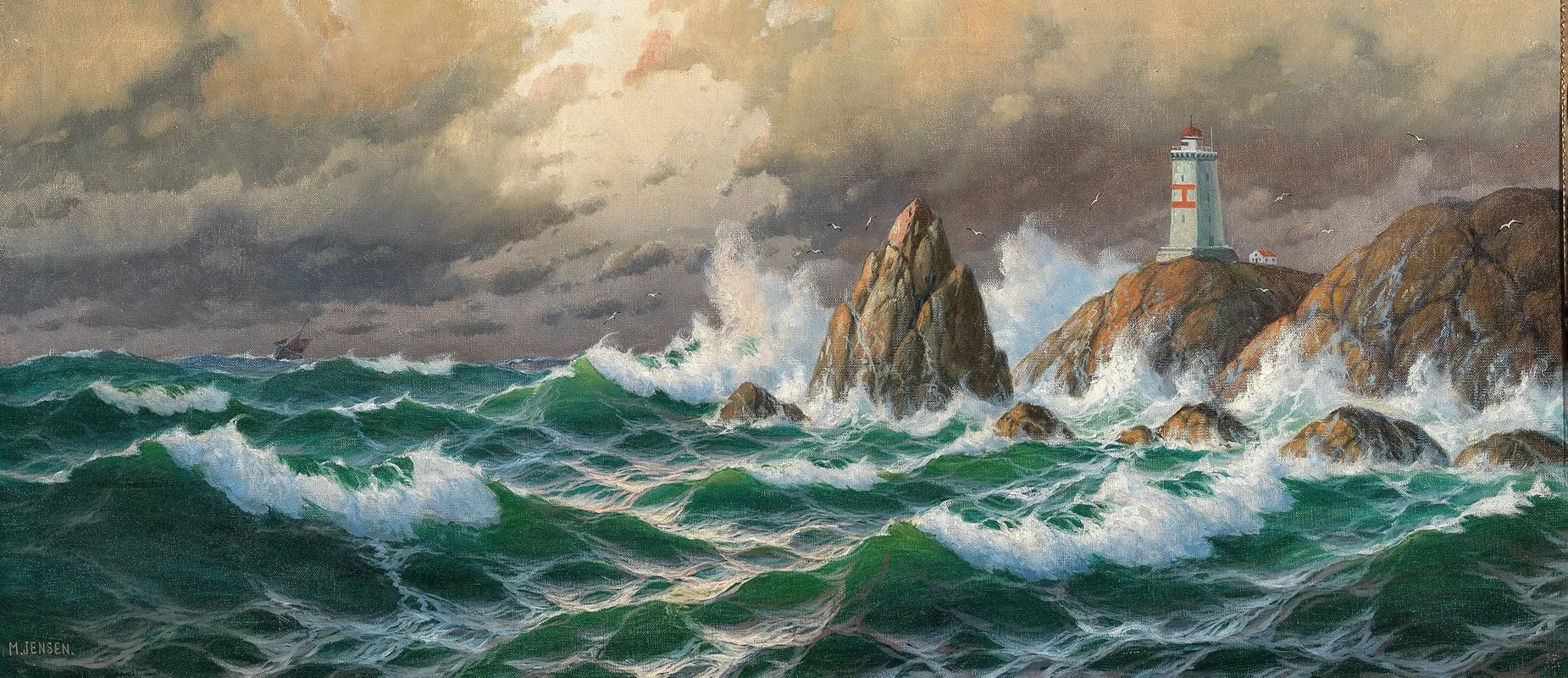 Breaking Waves With Lighthouse In Stormy Weather by Max Jensen - Canvas Print