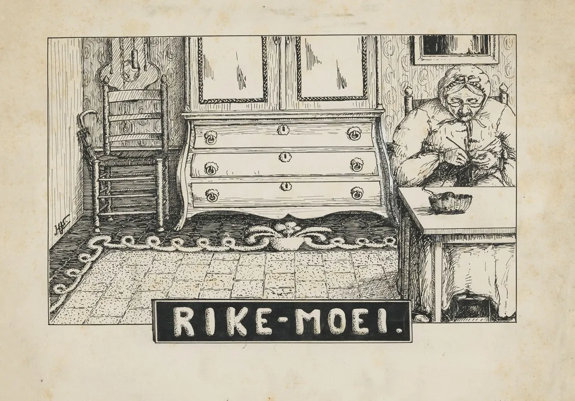 Breiende Oude Vrouw In Een Interieur Rike Moei