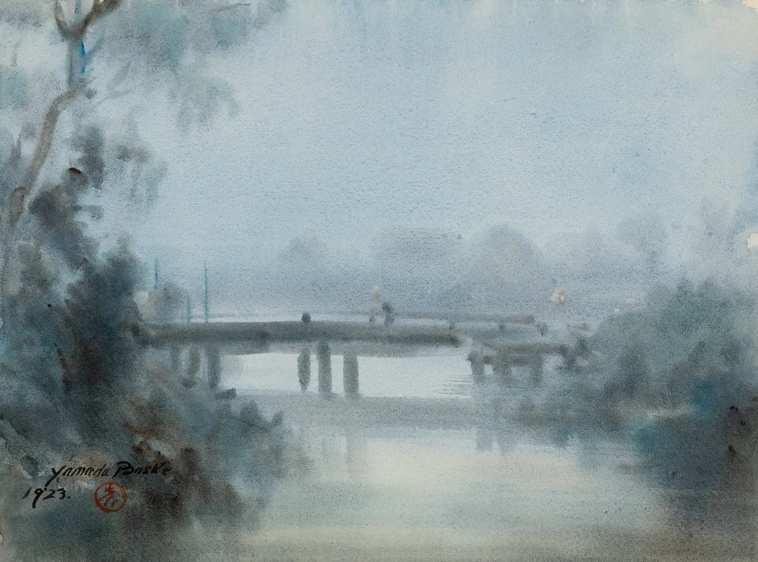 Bridge In Misty Landscape by Yamada Baske - Canvas Print