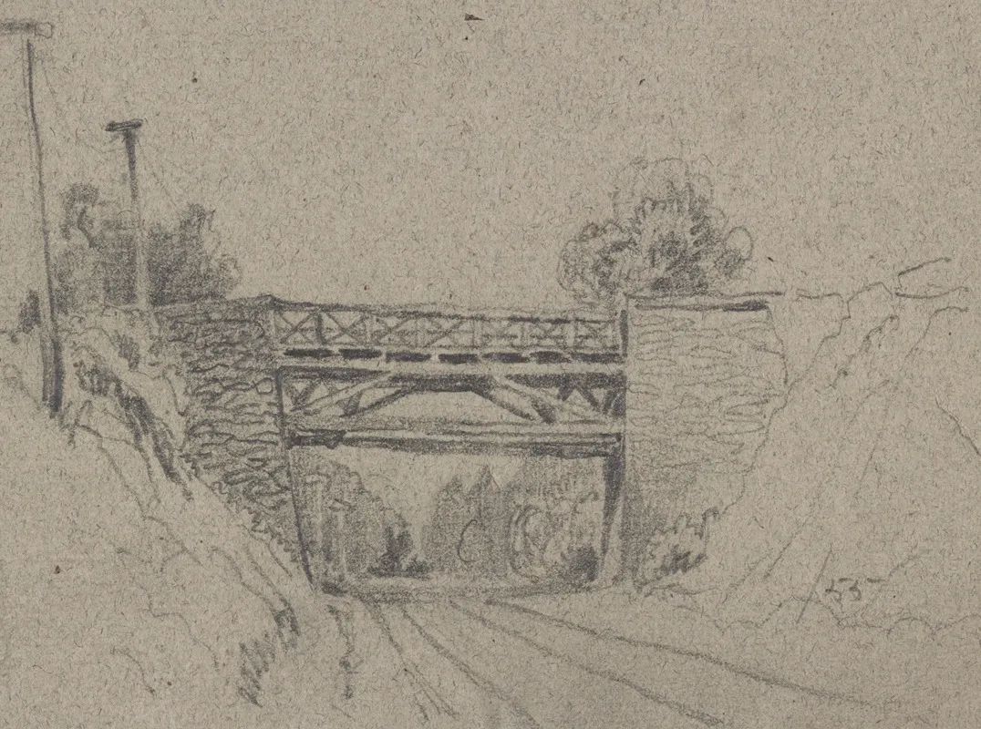 Bridge Over Railroad Tracks With Telegraph Poles On The Left