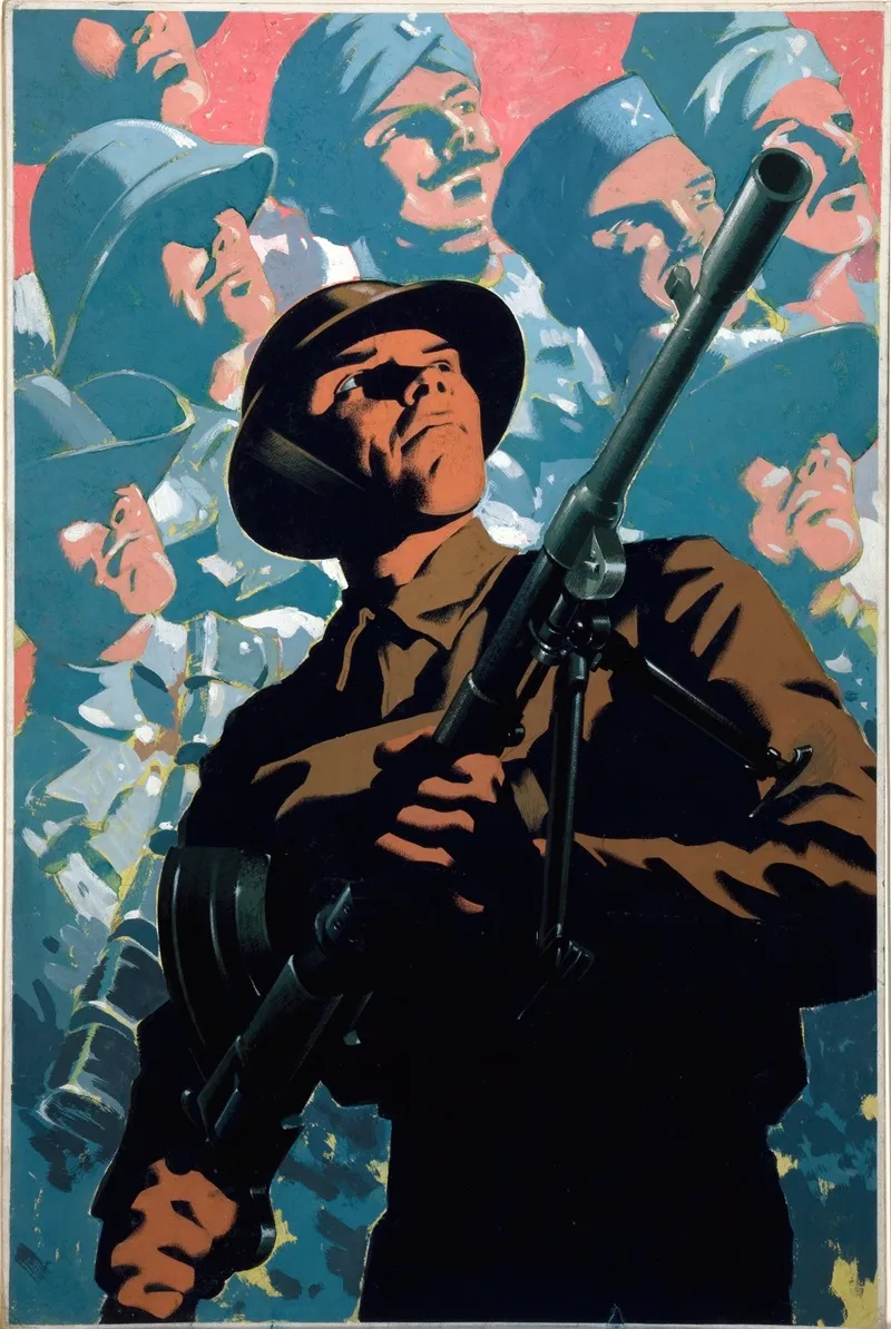 British Soldier With Bren Gun Allied Servicemen In Background