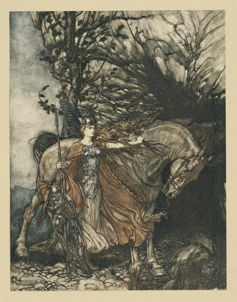 Brunnhilde With Her Horse At The Mouth Of The Cave by Arthur Rackham - Canvas Print