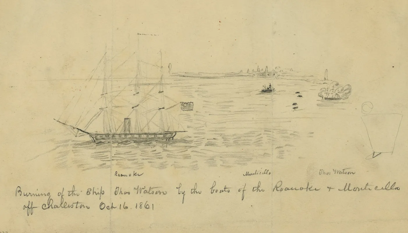 Burning Of The Ship Thos Watson By The Boats Of The Roanoke Monticello Off Charleston Oct 16 1861