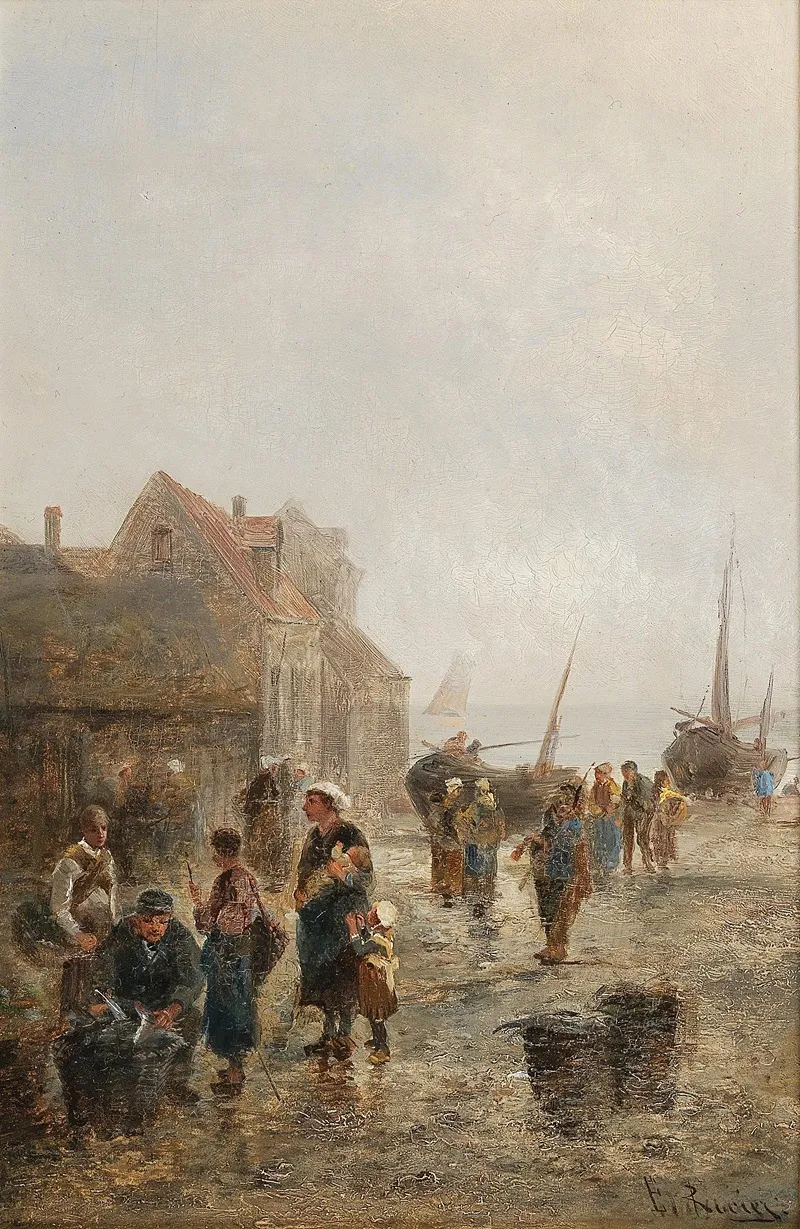 Busy Activity In A Fishing Village by Emil Barbarini - Canvas Print