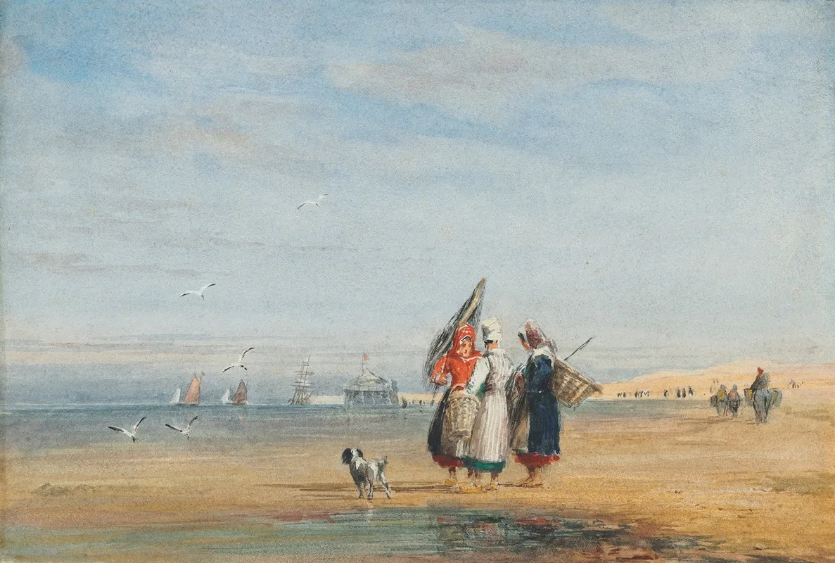 Calais Beach With Shrimpers And A Dog