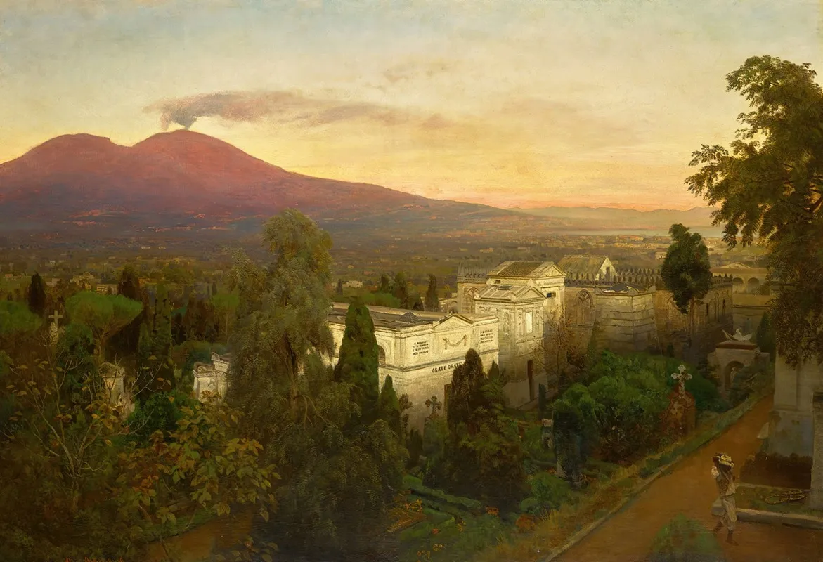 Campo Santo In Poggioreale The Vesuvius Beyond by Oswald Achenbach - Canvas Print