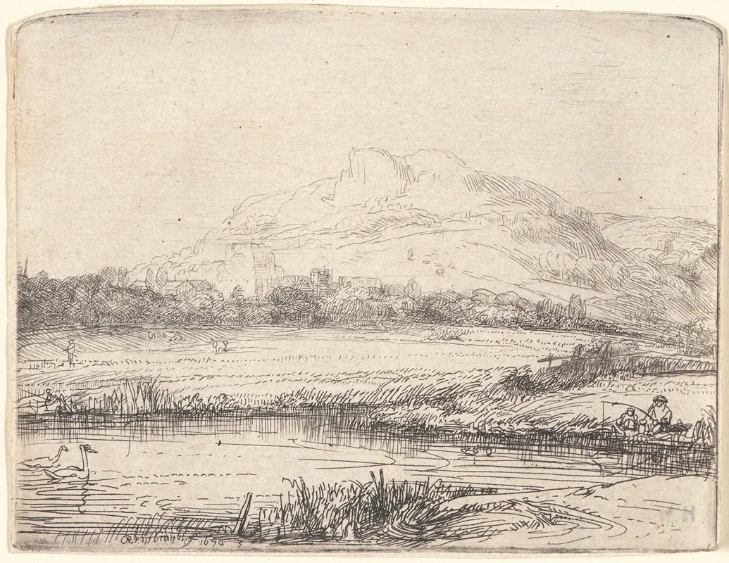 Canal With An Angler And Two Swans by Rembrandt van Rijn - Canvas Print