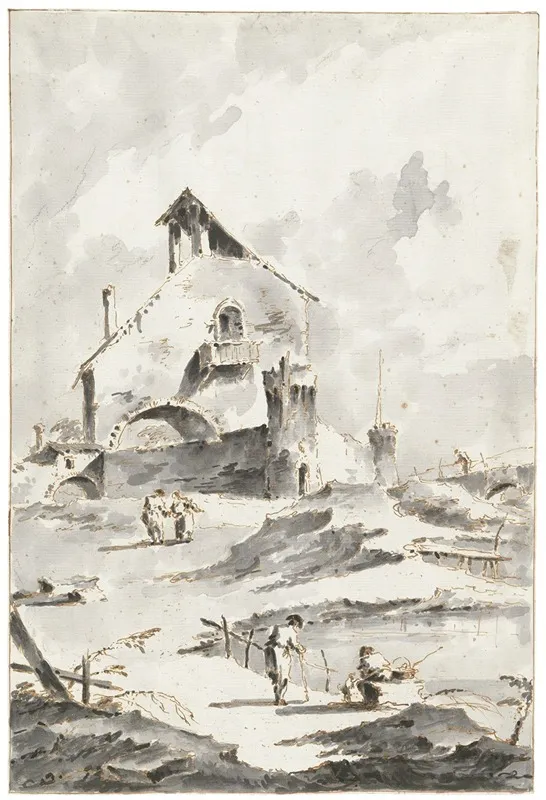 Capricci Of Houses With Figures By Water by Giacomo Guardi - Canvas Print