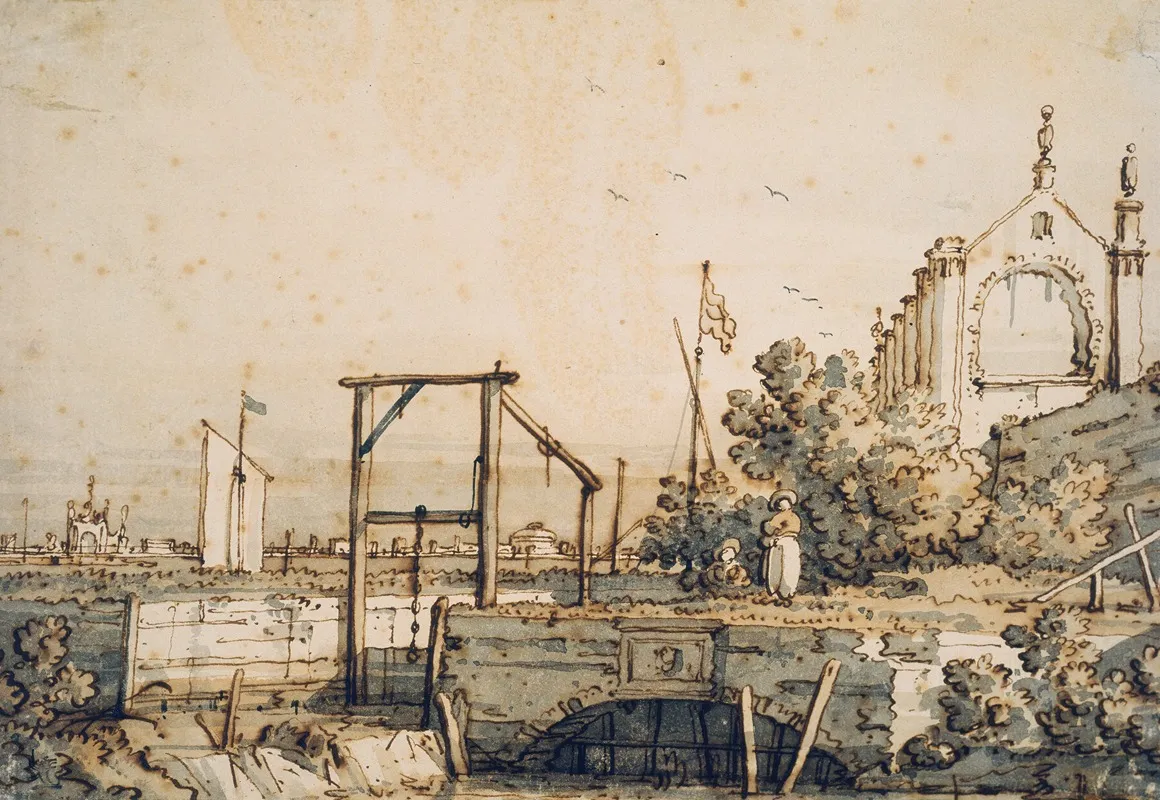 Capriccio With A Lock Gate By A River by Canaletto - Canvas Print