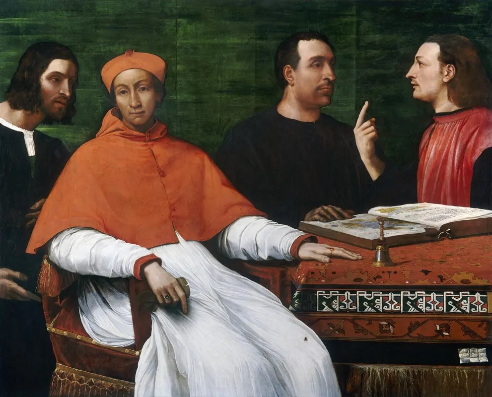 Cardinal Bandinello Saulihis Secretary And Two Geographers by Sebastiano del Piombo - Canvas Print