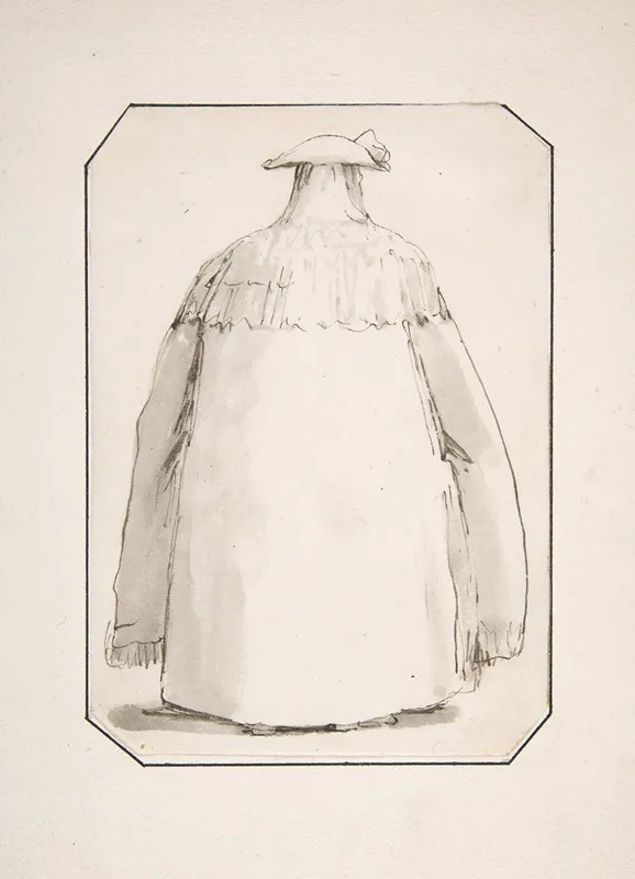 Caricature Of A Fat Person Wearing A Long Cloak And A Tricorne Seen From Behind