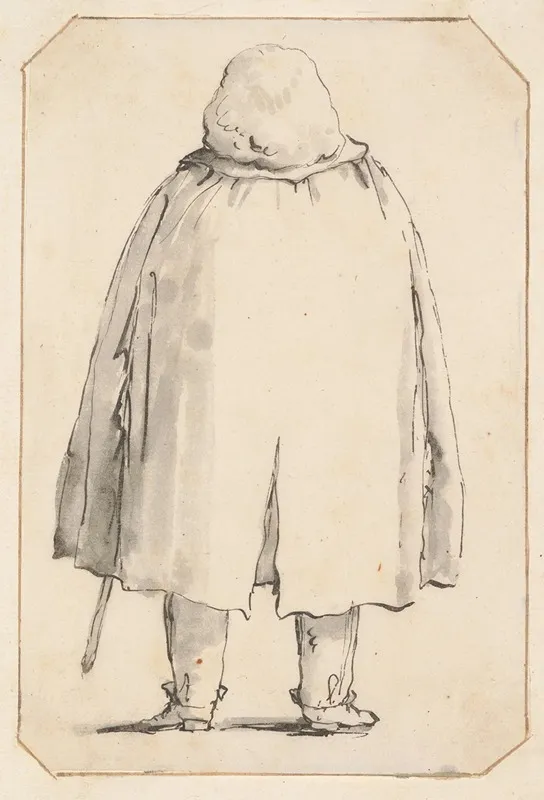 Caricature Of A Man In A Voluminous Cloak Carrying A Walking Stick Seen From Behind