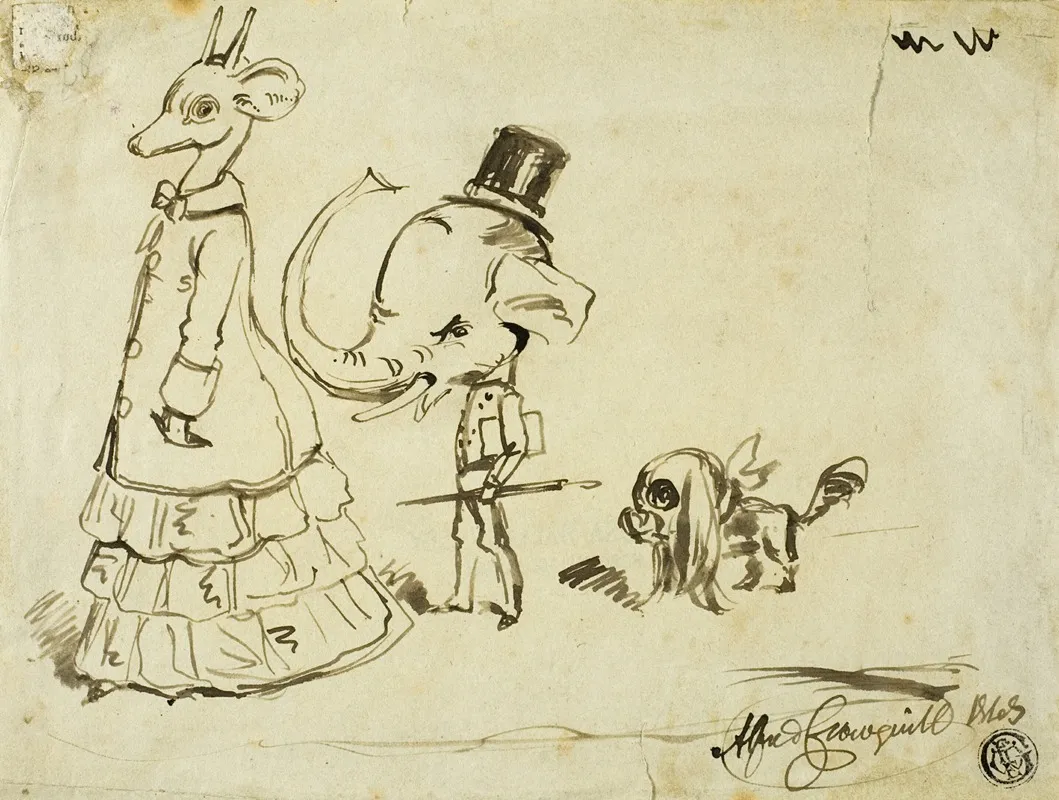 Caricature Of Man Woman And Dog