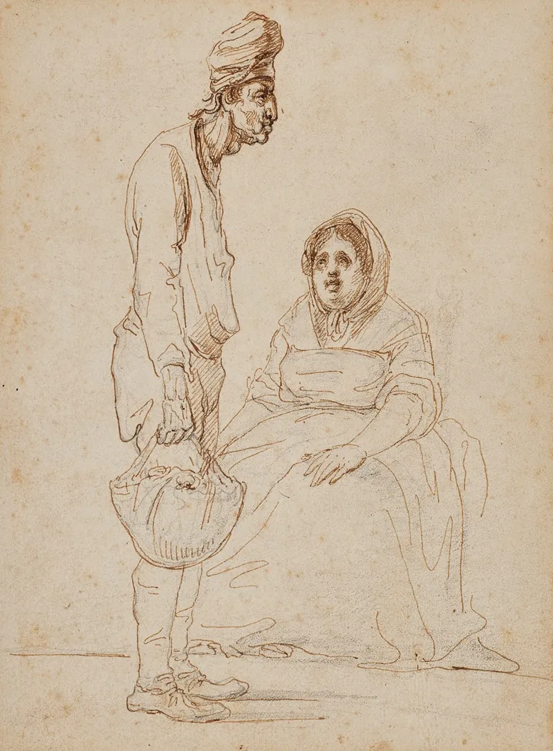 Caricatures Of A Man Holding A Basket And A Seated Woman by Vivant Denon - Canvas Print