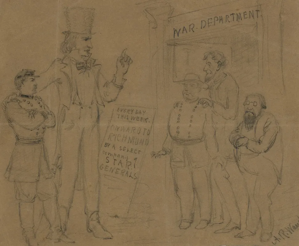 Cartoon Showing Uncle Sam And General Mcclellan Standing Before A Playbill