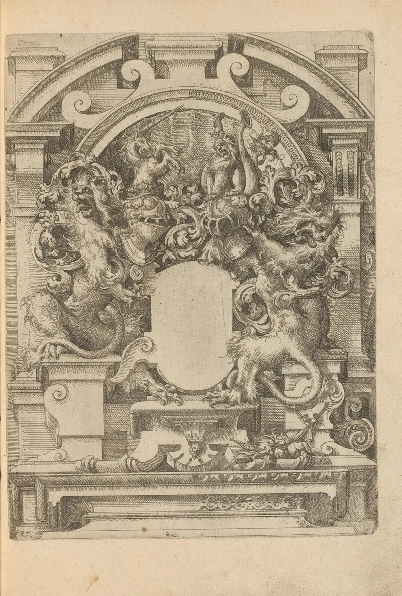 Cartouche On A Pedestal Flanked By Lions And A Unicorn by Wendel Dietterlin - Canvas Print