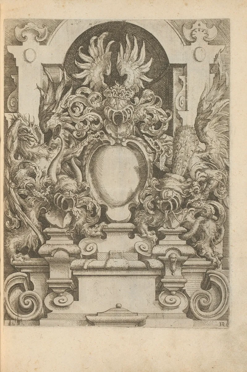 Cartouche On A Pedestal Flanked By Two Large Birds Of Prey by Wendel Dietterlin - Canvas Print