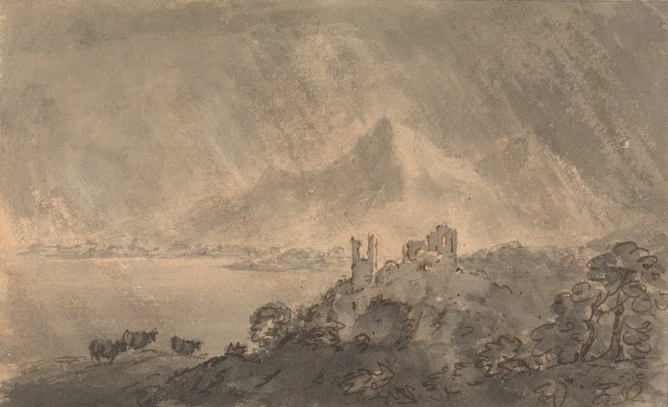 Castle Above A Lake With Distant Mountain Under Stormy Sky