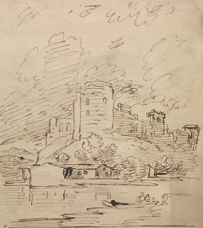 Castle With A Round Tower Above A River by Joseph Farington - Canvas Print