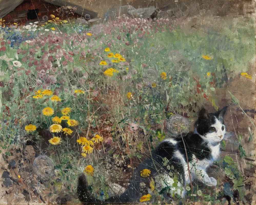 Cat On A Flowery Meadow by Bruno Liljefors - Canvas Print