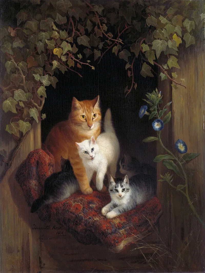 Cat With Kittens by Henriëtte Ronner-Knip - Canvas Print