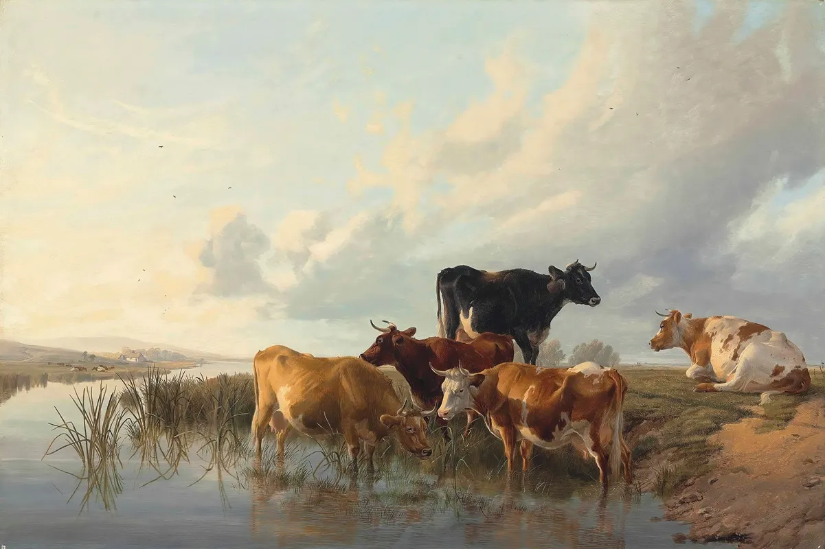 Cattle By A River by Thomas Sidney Cooper - Canvas Print