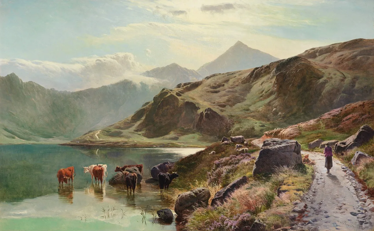 Cattle Watering Near Snowdonia by Sidney Richard Percy - Canvas Print