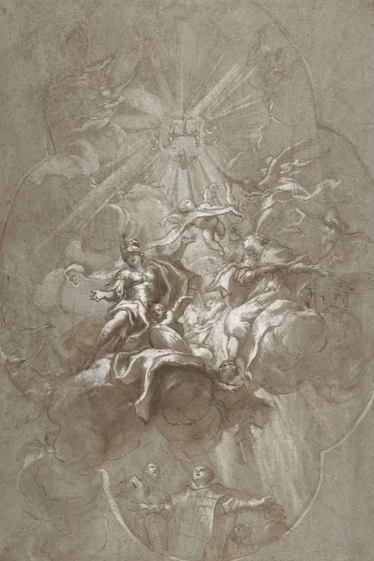 Ceiling Design With The Glorification Of The Name Of Jesus by Lorenzo De' Ferrari - Canvas Print