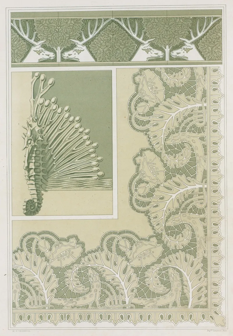 Cerfs Et Noisetiers Bordure Carreaux Ceramiques Hippocampe Et Algues Pied De Coffret Bronze Lezards Et Pavots Broderie