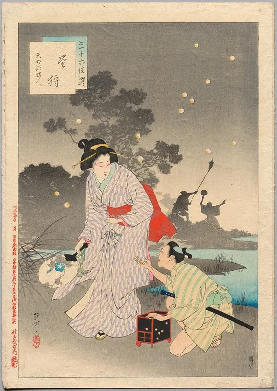 Chasing Fireflies A Lady Of The Tenmei Era 1781 1789 by Toshikata Mizuno - Canvas Print