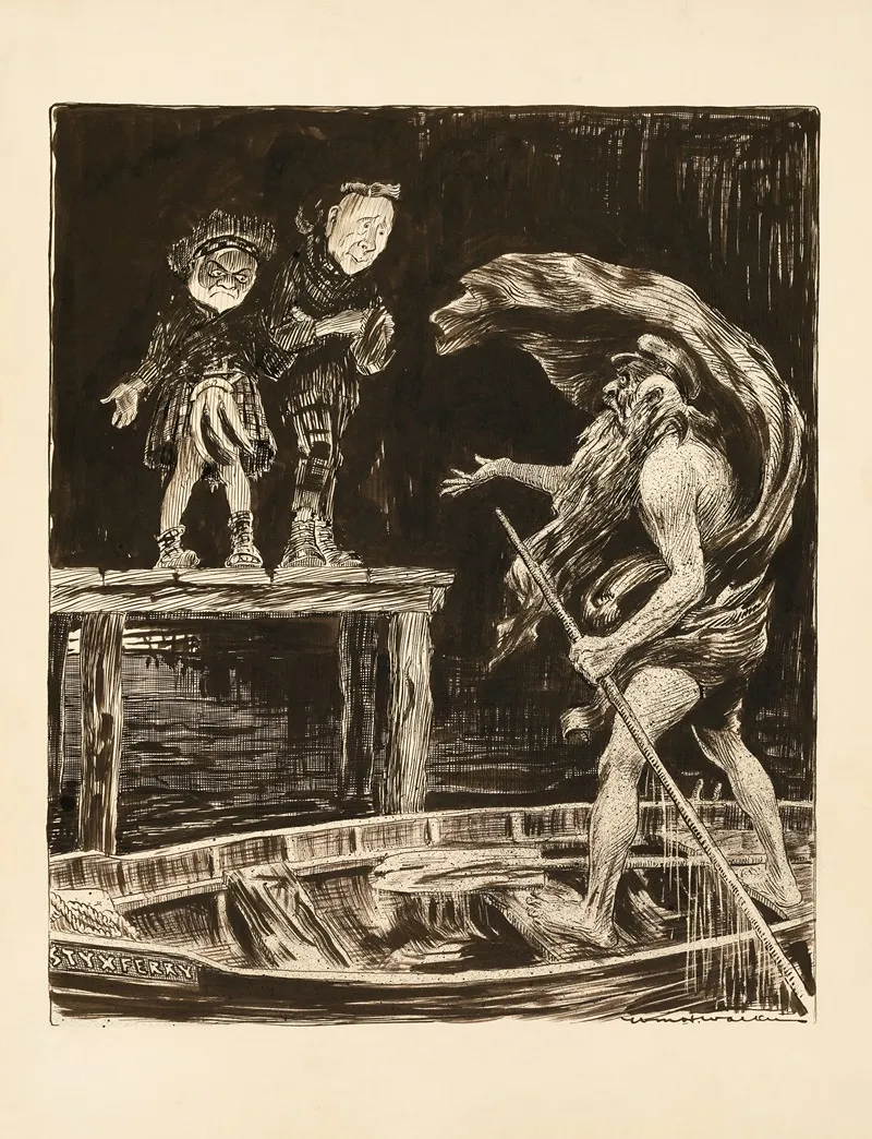 Cheron Beckons Two Men To Enter The Boat To Take Them Across The Styx To Hades But They Will Not Enter