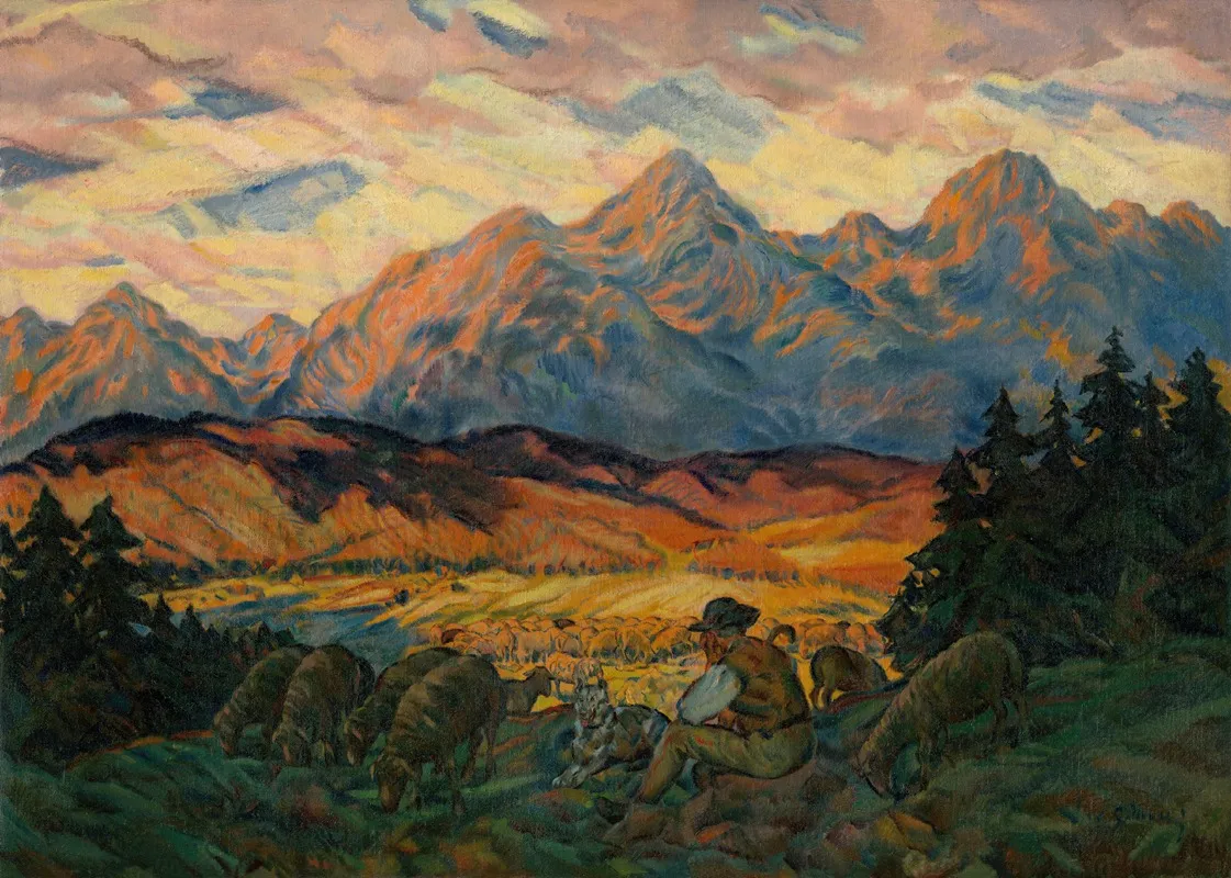 Chief Shepherd With Sheep by Gustáv Mallý - Canvas Print