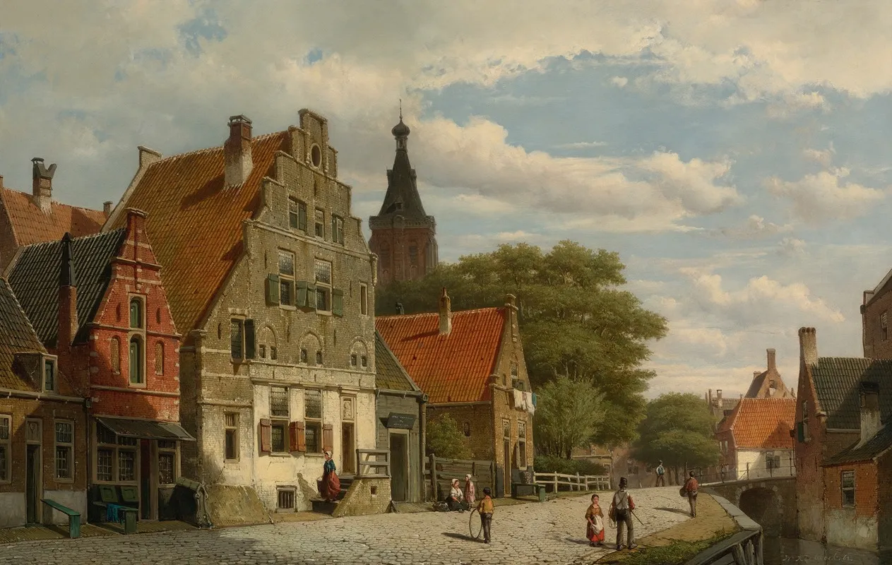 Children And Travellers Along The Canal by Willem Koekkoek - Canvas Print