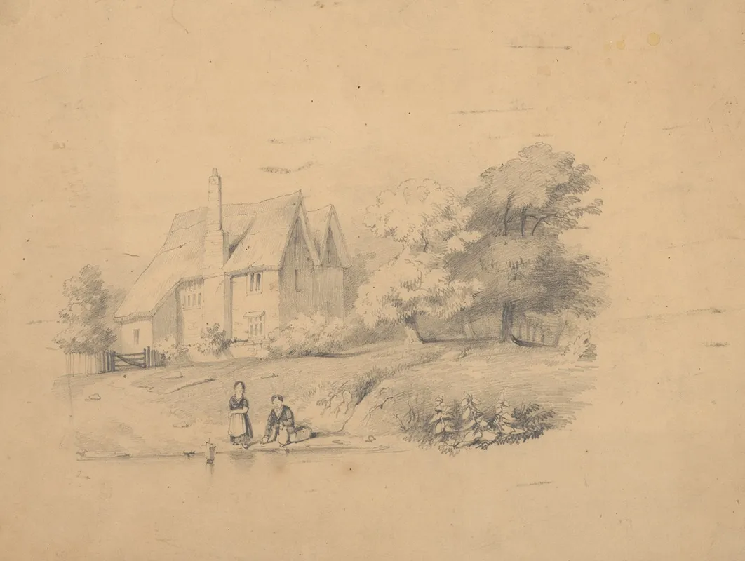 Children At Play By The Waters Edge Near A Country Cottage
