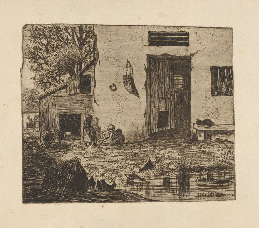 Children Beside Barn by Auguste Delâtre - Canvas Print