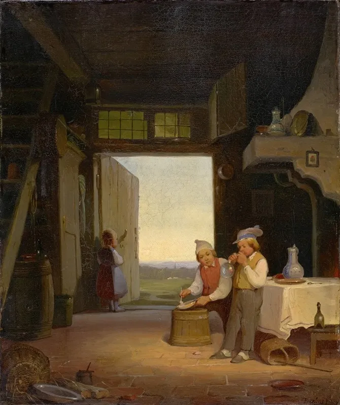 Children Blowing Bubbles In The Corridor