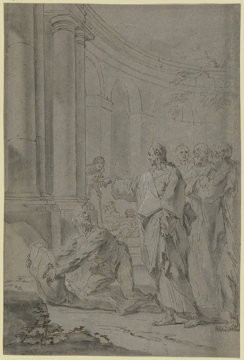 Christus Heilt Den Lahmen Christus Mit Den Jungern Steht In Einem Saulenhof Vor Ihm Erhebt Sich Der Lahme Von Seinem Lager