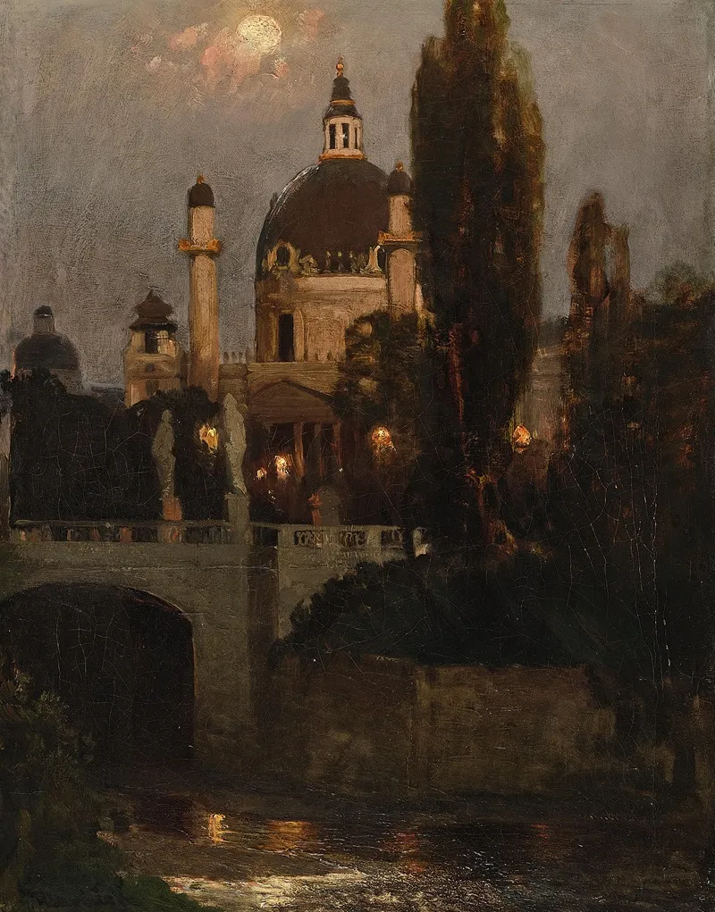 Church Of St Charles With Elisabeth Bridge At Night by Anton Hlavacek - Canvas Print