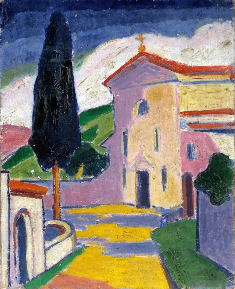 Church With Cedar Tree On Left